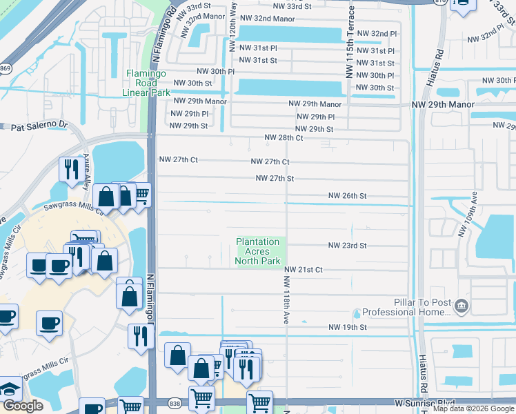 map of restaurants, bars, coffee shops, grocery stores, and more near 11890 Northwest 26th Street in Plantation