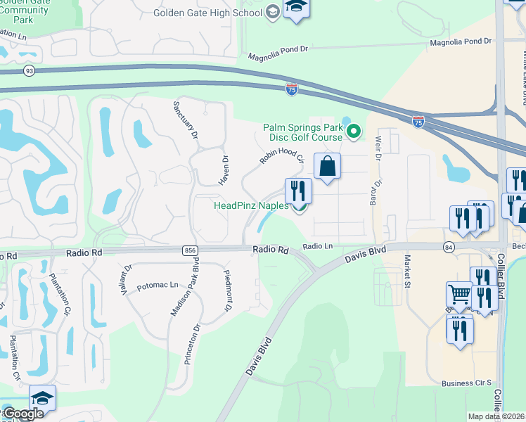map of restaurants, bars, coffee shops, grocery stores, and more near 241 Robin Hood Circle in Naples