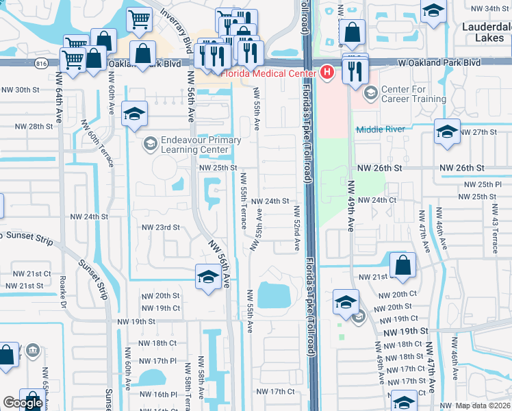 map of restaurants, bars, coffee shops, grocery stores, and more near 5501 Northwest 24th Street in Lauderhill