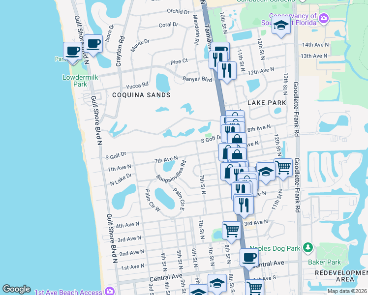 map of restaurants, bars, coffee shops, grocery stores, and more near 626 South Golf Drive in Naples