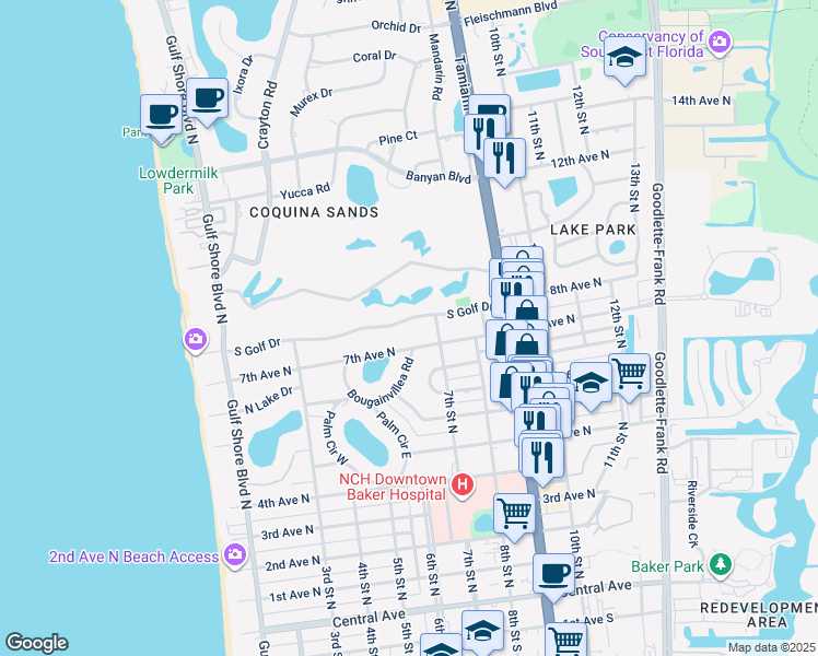 map of restaurants, bars, coffee shops, grocery stores, and more near 626 South Golf Drive in Naples