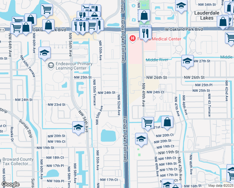 map of restaurants, bars, coffee shops, grocery stores, and more near 2332 Northwest 52nd Avenue in Lauderhill