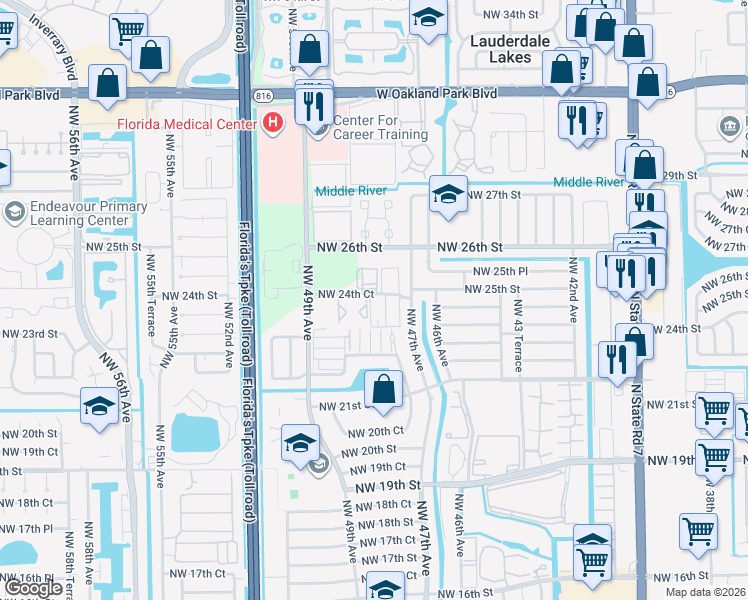 map of restaurants, bars, coffee shops, grocery stores, and more near 4780 Northwest 24th Court in Lauderdale Lakes
