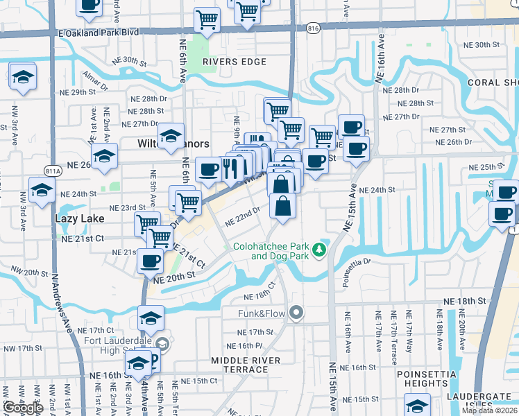 map of restaurants, bars, coffee shops, grocery stores, and more near 909 Northeast 22nd Drive in Fort Lauderdale