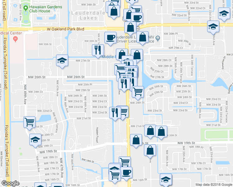 map of restaurants, bars, coffee shops, grocery stores, and more near 2420 Northwest 42nd Avenue in Lauderhill