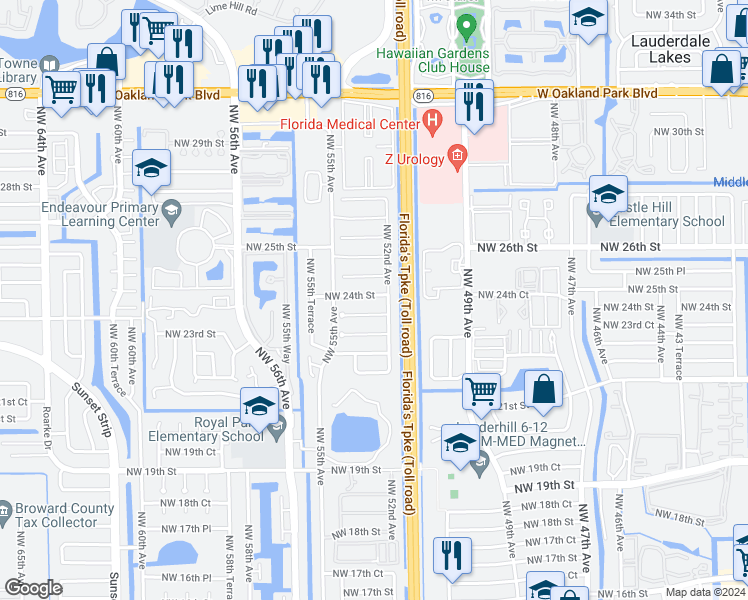 map of restaurants, bars, coffee shops, grocery stores, and more near 5307 Northwest 24th Street in Lauderhill