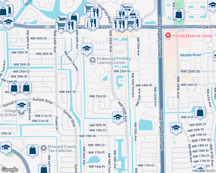 map of restaurants, bars, coffee shops, grocery stores, and more near 5623 Blueberry Court in Lauderhill