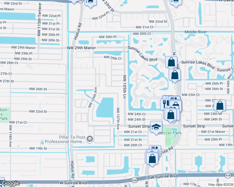 map of restaurants, bars, coffee shops, grocery stores, and more near 10771 Northwest 26th Street in Sunrise