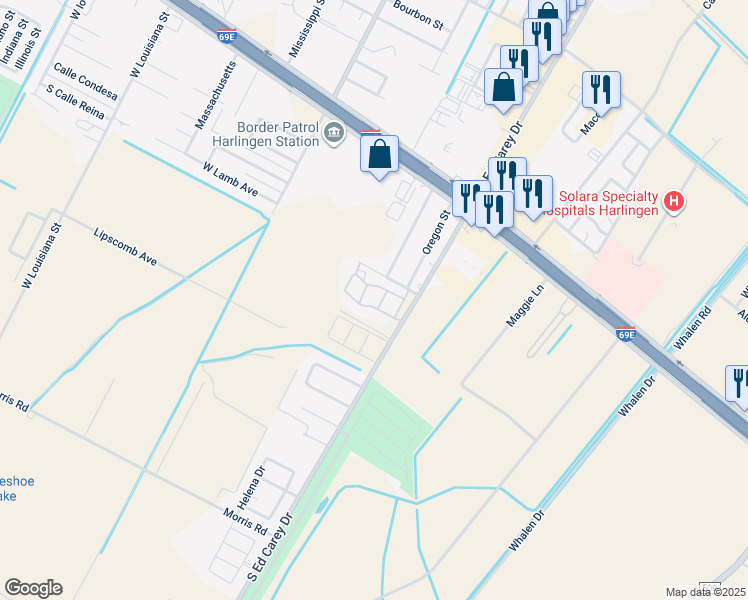 map of restaurants, bars, coffee shops, grocery stores, and more near Lamb Ave in Harlingen