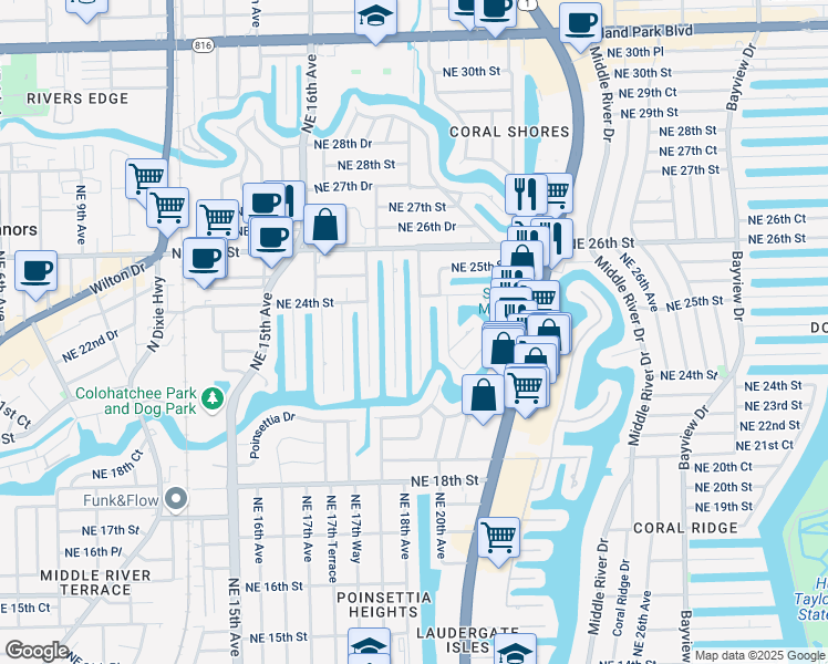 map of restaurants, bars, coffee shops, grocery stores, and more near in Wilton Manors