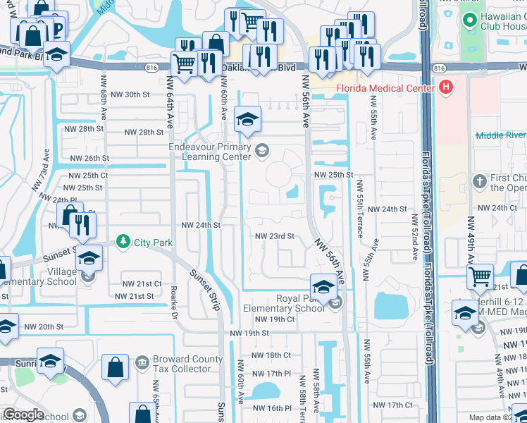 map of restaurants, bars, coffee shops, grocery stores, and more near 5751 Blueberry Court in Lauderhill