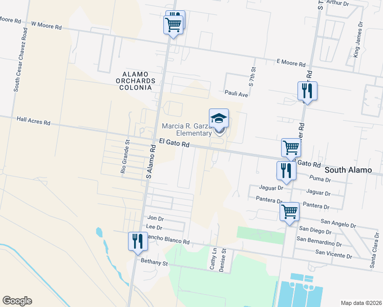 map of restaurants, bars, coffee shops, grocery stores, and more near 1307 Carlos Drive in Alamo