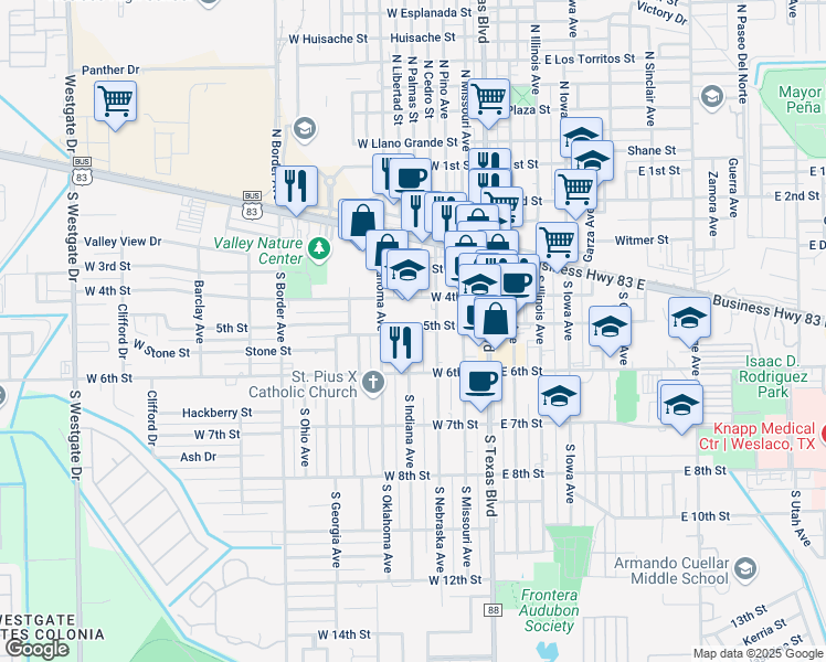 map of restaurants, bars, coffee shops, grocery stores, and more near 313 5th Street in Weslaco