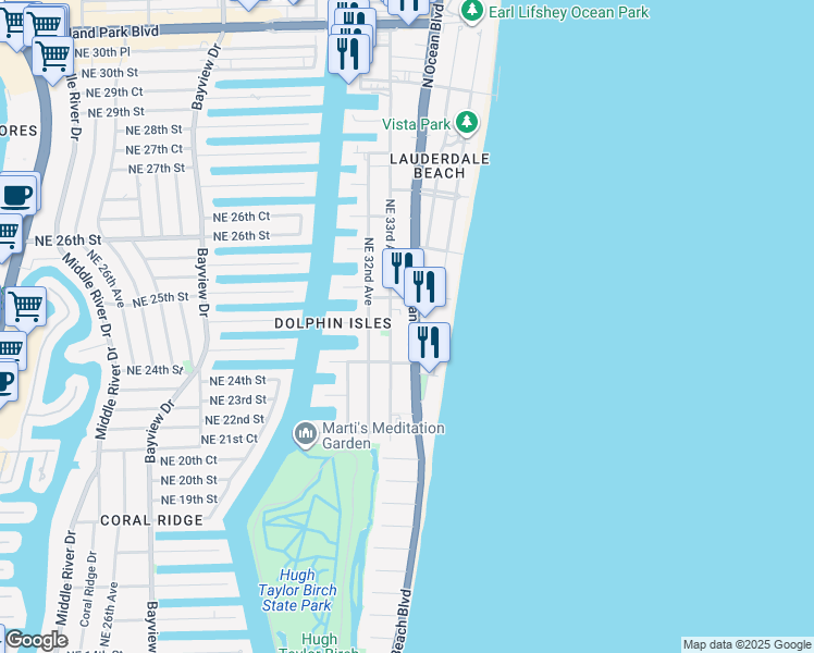 map of restaurants, bars, coffee shops, grocery stores, and more near 2201 North Ocean Boulevard in Fort Lauderdale