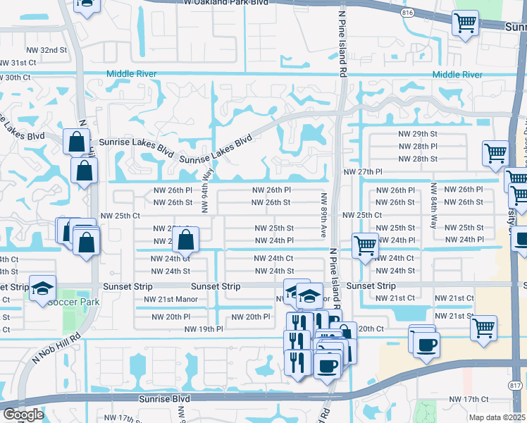 map of restaurants, bars, coffee shops, grocery stores, and more near 9191 Northwest 25th Court in Sunrise