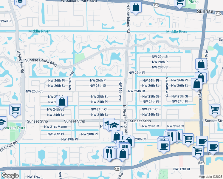 map of restaurants, bars, coffee shops, grocery stores, and more near 8960 Northwest 26th Street in Sunrise