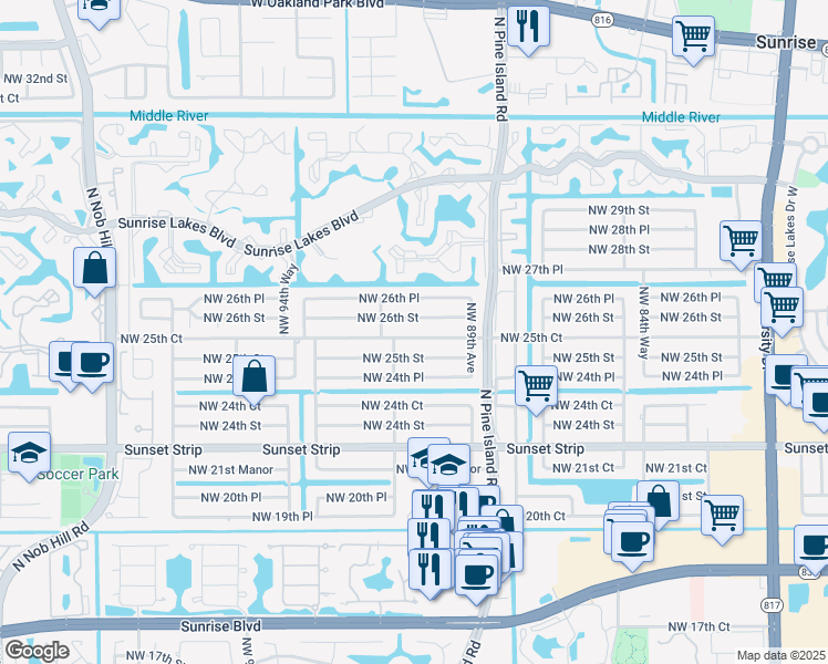 map of restaurants, bars, coffee shops, grocery stores, and more near 9111 Northwest 25th Court in Sunrise