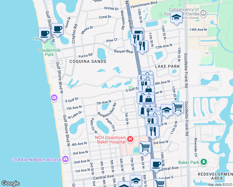 map of restaurants, bars, coffee shops, grocery stores, and more near 626 South Golf Drive in Naples