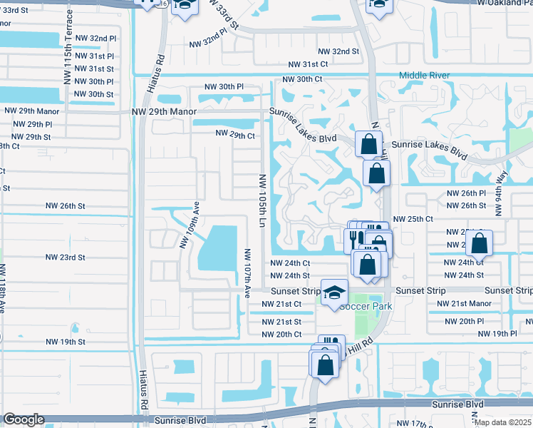 map of restaurants, bars, coffee shops, grocery stores, and more near 2611 Northwest 105th Lane in Sunrise