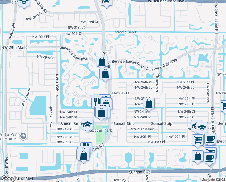map of restaurants, bars, coffee shops, grocery stores, and more near 2541 North Nob Hill Road in Sunrise