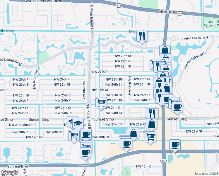 map of restaurants, bars, coffee shops, grocery stores, and more near 8631 Northwest 25th Court in Sunrise