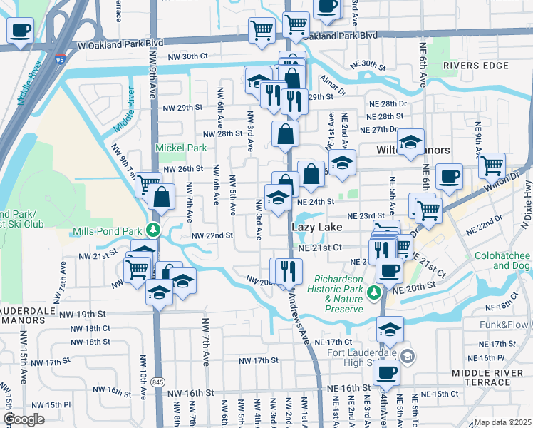 map of restaurants, bars, coffee shops, grocery stores, and more near 2300 Northwest 3rd Avenue in Wilton Manors