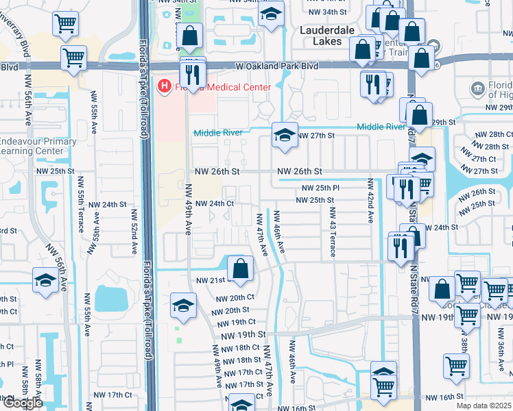 map of restaurants, bars, coffee shops, grocery stores, and more near 4630 Northwest 25th Street in Lauderhill