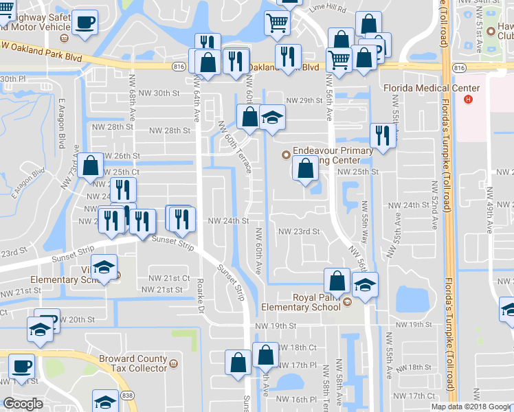 map of restaurants, bars, coffee shops, grocery stores, and more near 5978 Northwest 24th Court in Sunrise