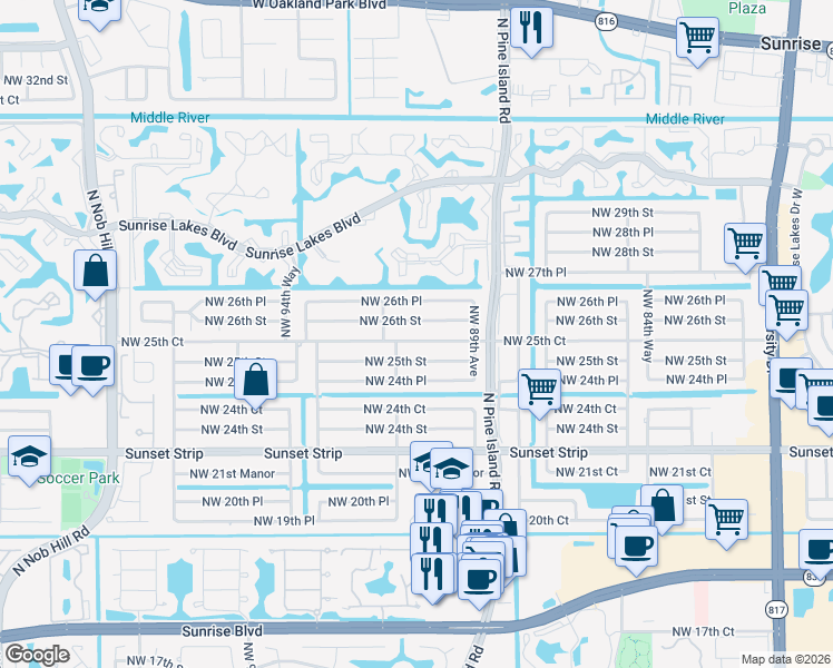 map of restaurants, bars, coffee shops, grocery stores, and more near 9111 Northwest 25th Court in Sunrise