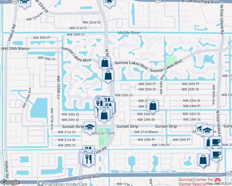 map of restaurants, bars, coffee shops, grocery stores, and more near 2541 North Nob Hill Road in Sunrise