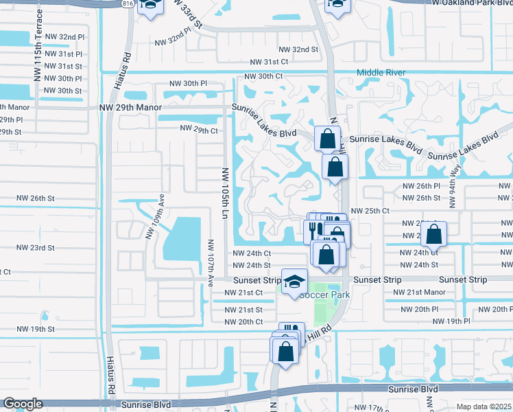 map of restaurants, bars, coffee shops, grocery stores, and more near 196 Northwest 104th Avenue in Sunrise