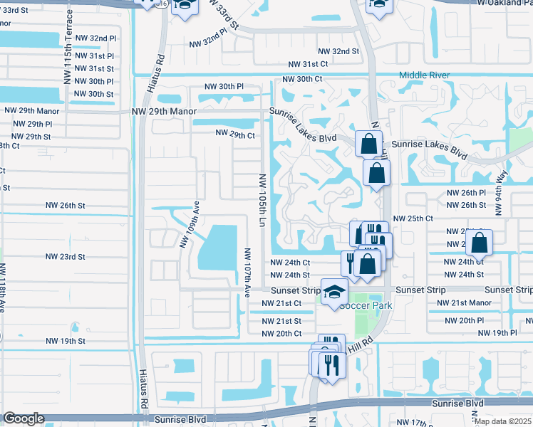 map of restaurants, bars, coffee shops, grocery stores, and more near 2611 Northwest 105th Lane in Sunrise