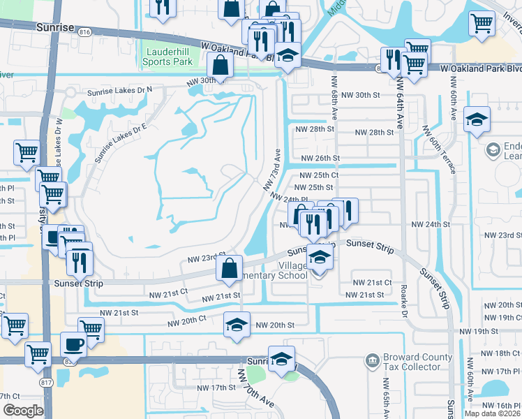 map of restaurants, bars, coffee shops, grocery stores, and more near 2430 Northwest 73rd Avenue in Sunrise