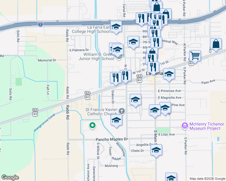 map of restaurants, bars, coffee shops, grocery stores, and more near 348 Dukes Dr in La Feria