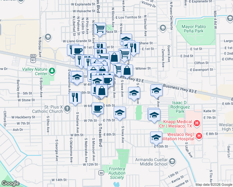 map of restaurants, bars, coffee shops, grocery stores, and more near 501 South Kansas Avenue in Weslaco