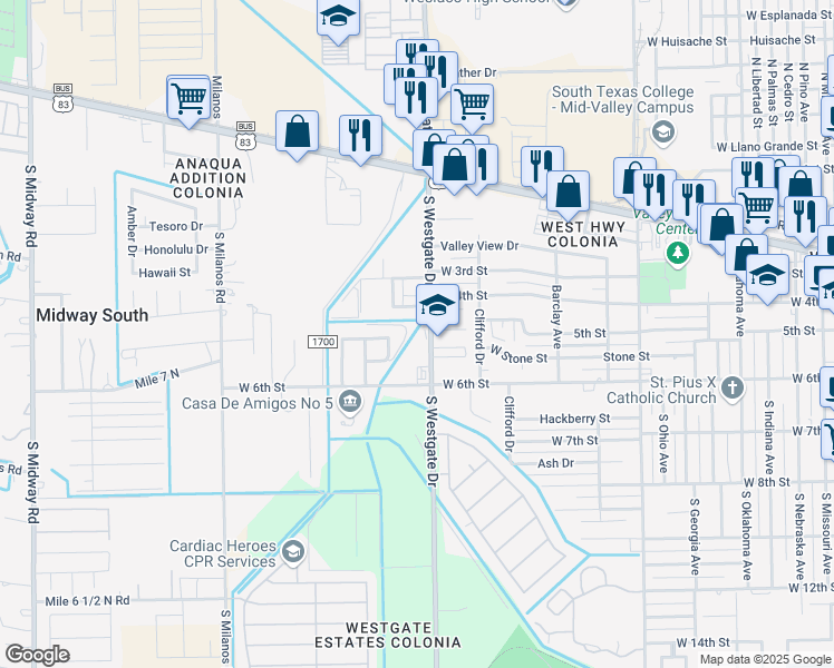 map of restaurants, bars, coffee shops, grocery stores, and more near 501 South Westgate Drive in Weslaco