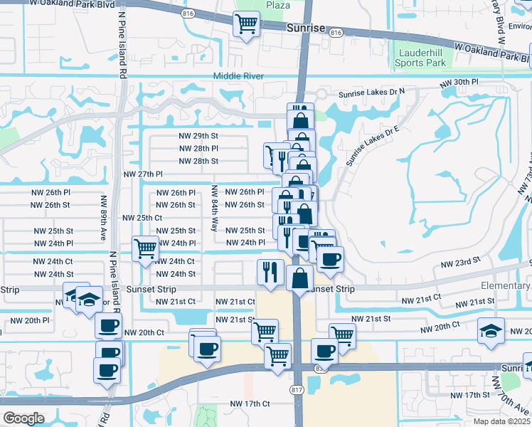 map of restaurants, bars, coffee shops, grocery stores, and more near 8313 Northwest 25th Court in Sunrise