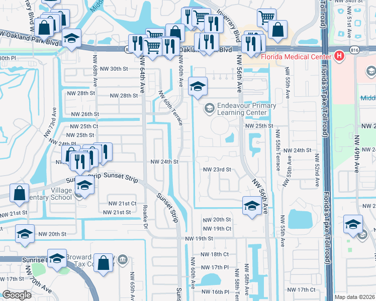 map of restaurants, bars, coffee shops, grocery stores, and more near 5978 Northwest 24th Court in Sunrise