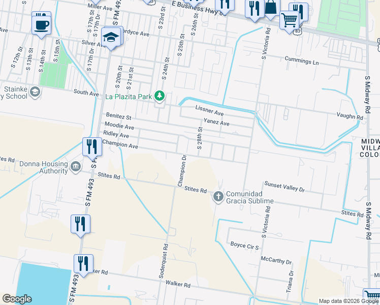 map of restaurants, bars, coffee shops, grocery stores, and more near 908 Daisy Avenue in Donna