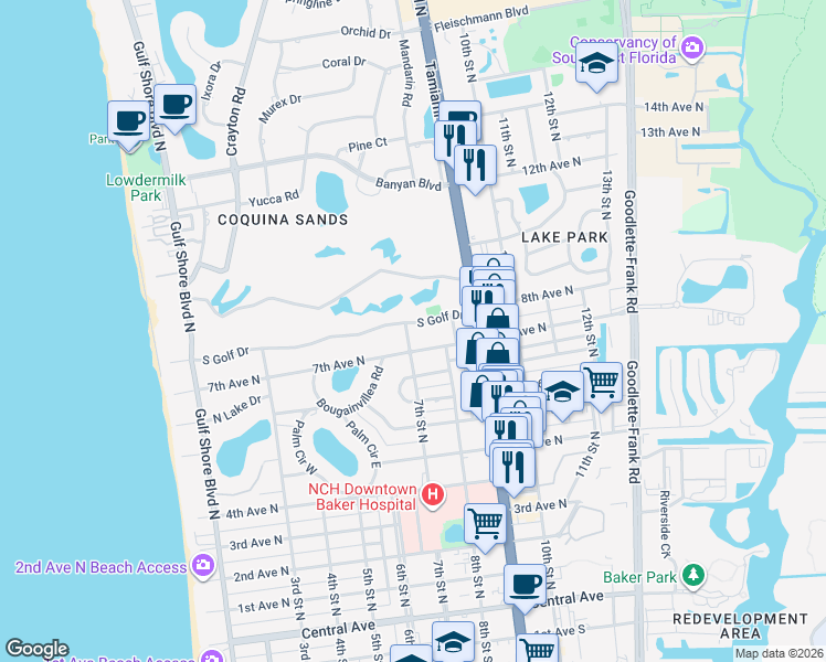 map of restaurants, bars, coffee shops, grocery stores, and more near 722 South Golf Drive in Naples