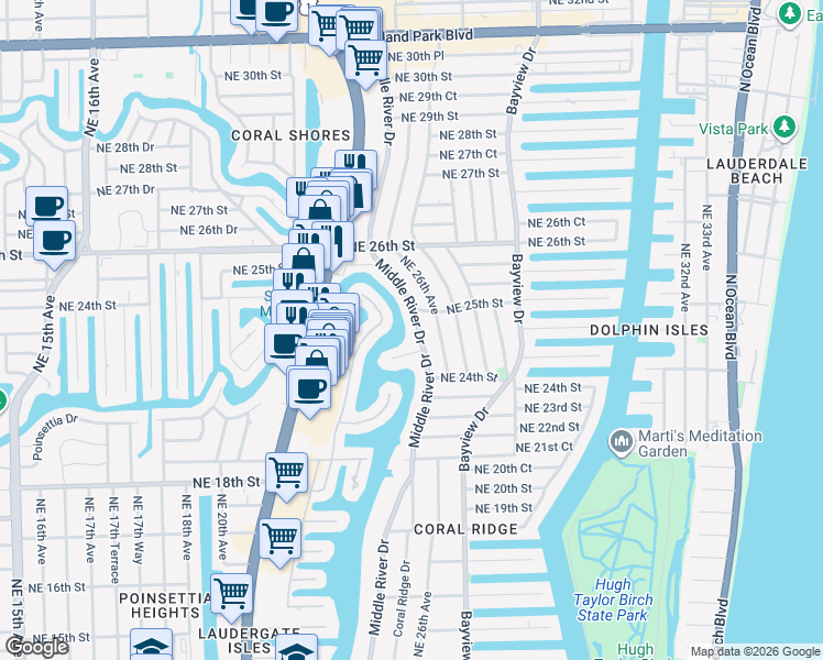 map of restaurants, bars, coffee shops, grocery stores, and more near 2441 Middle River Drive in Fort Lauderdale
