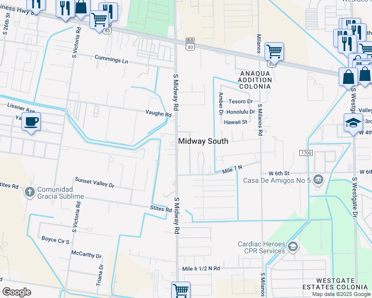 map of restaurants, bars, coffee shops, grocery stores, and more near 421 Live Oak Avenue in Weslaco