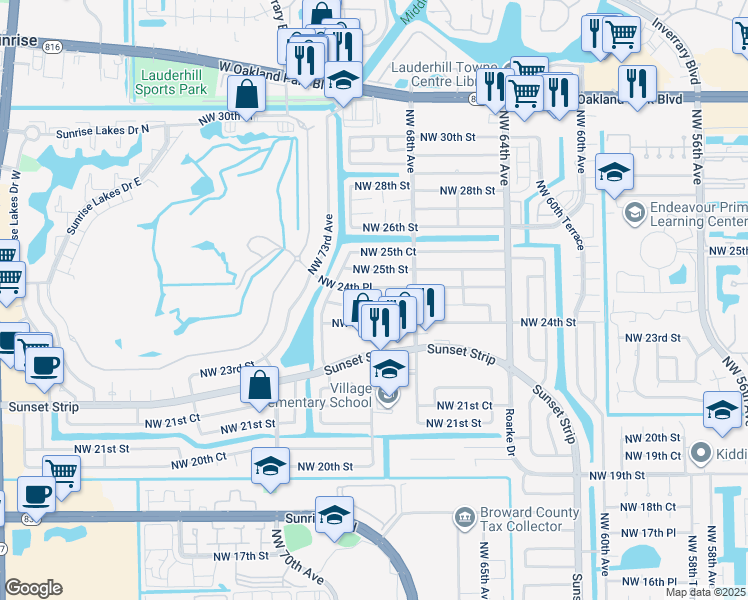 map of restaurants, bars, coffee shops, grocery stores, and more near 6981 Northwest 24th Court in Sunrise