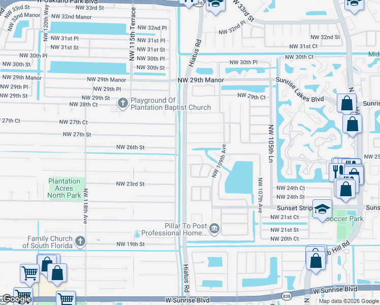 map of restaurants, bars, coffee shops, grocery stores, and more near 11115 Northwest 26th Street in Sunrise
