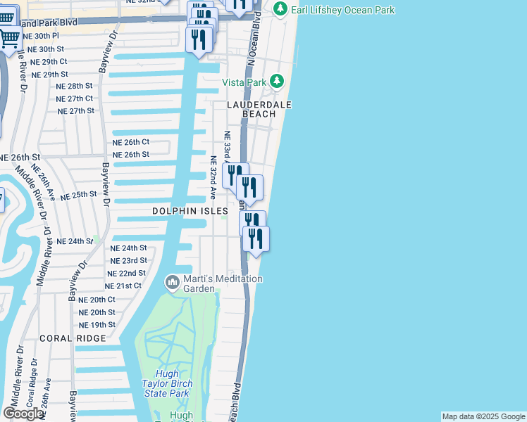 map of restaurants, bars, coffee shops, grocery stores, and more near 2210 Northeast 22nd Street in Fort Lauderdale