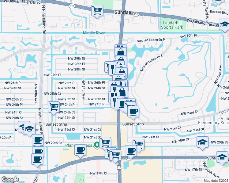 map of restaurants, bars, coffee shops, grocery stores, and more near 2601 North University Drive in Sunrise