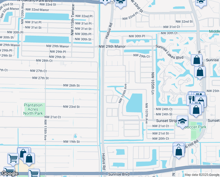 map of restaurants, bars, coffee shops, grocery stores, and more near 11115 Northwest 26th Street in Sunrise