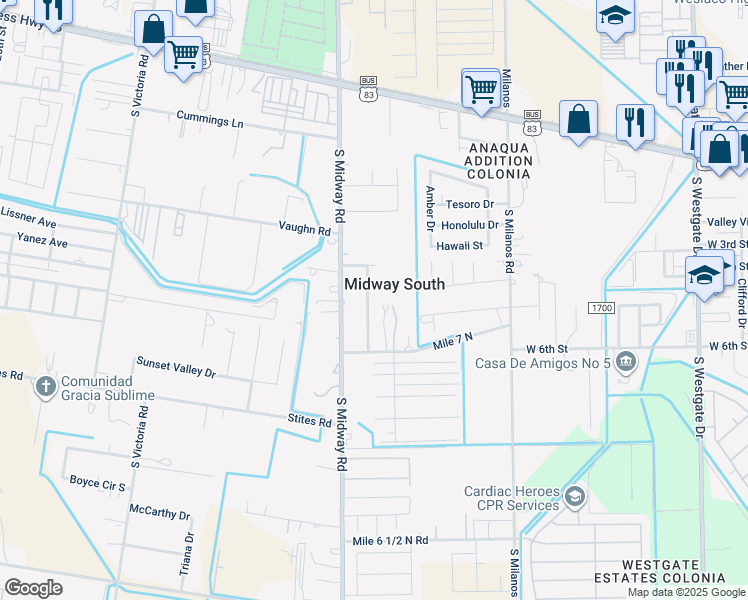 map of restaurants, bars, coffee shops, grocery stores, and more near 421 Live Oak Avenue in Weslaco