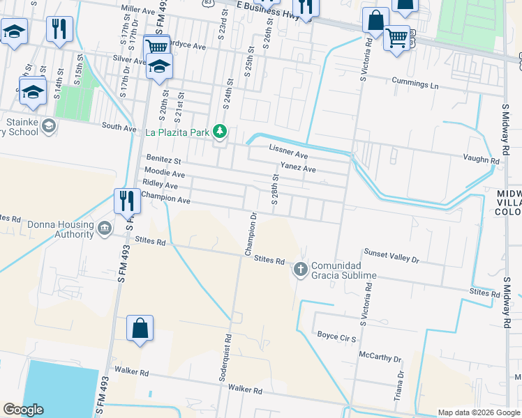 map of restaurants, bars, coffee shops, grocery stores, and more near 908 Daisy Avenue in Donna