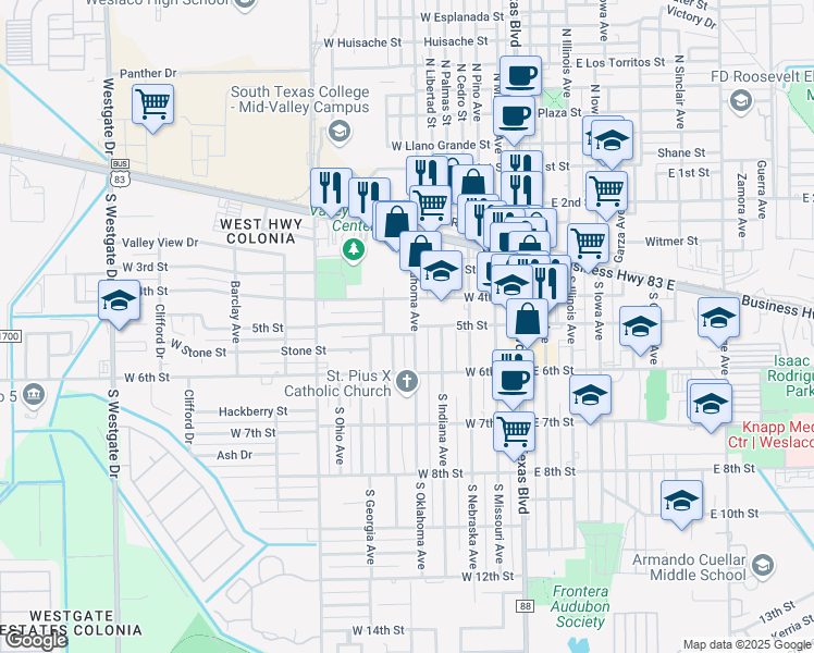 map of restaurants, bars, coffee shops, grocery stores, and more near 514 West 4th Street in Weslaco